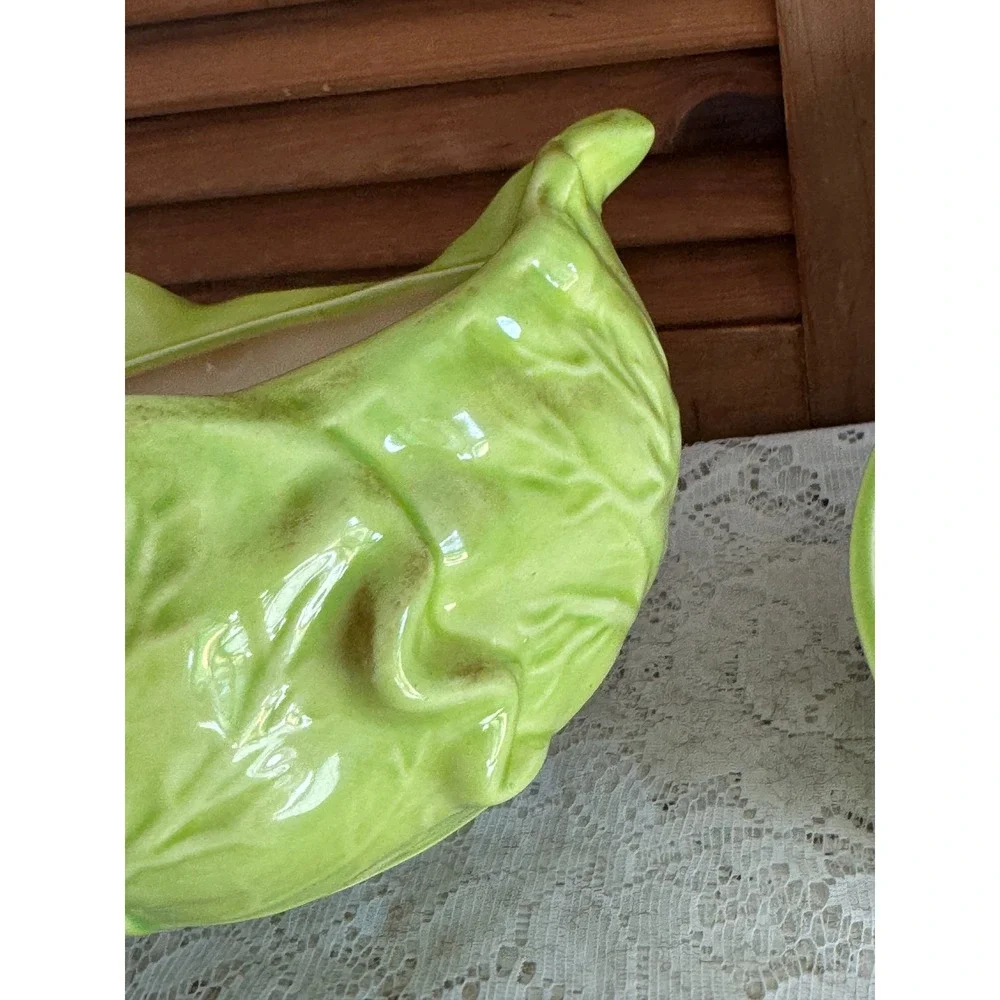 Vintage 1971 Mabel and Orval Kalb Ceramic Cabbage Tureen Green Leaf Lidded Bowl